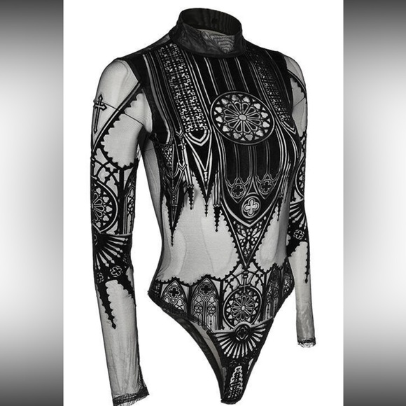 Black Cathedral mesh bodysuit Goth Church - Picture 2 of 5